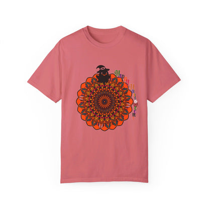 Unisex Halloween Mandala T-shirt featuring handmade pumpkin mandala art on garment-dyed tee