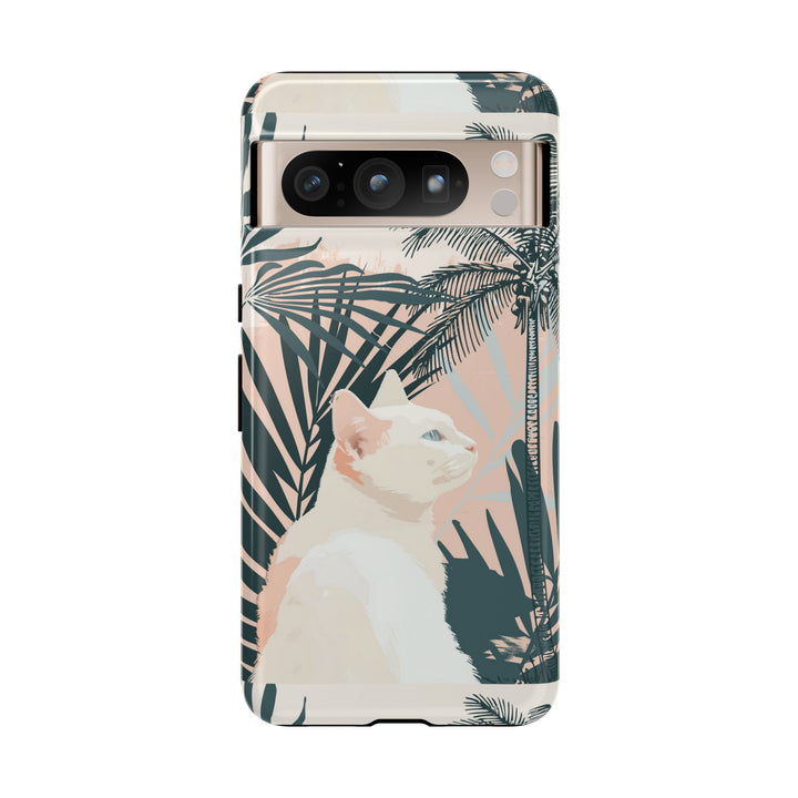 Tropische Katzen-Telefonhülle mit üppigen Palmenmotiven und sanften Pastelltönen