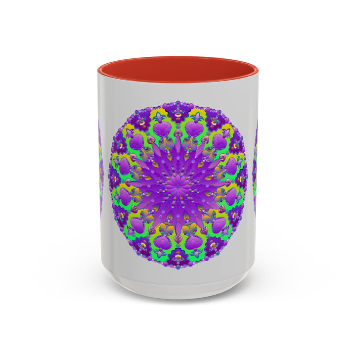 Beautiful purple mandala design on a grey ceramic mug, with vibrant and intricate artwork perfect for adding color to your morning routine