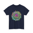 Colorful and intricate mandala pattern printed on white unisex tee