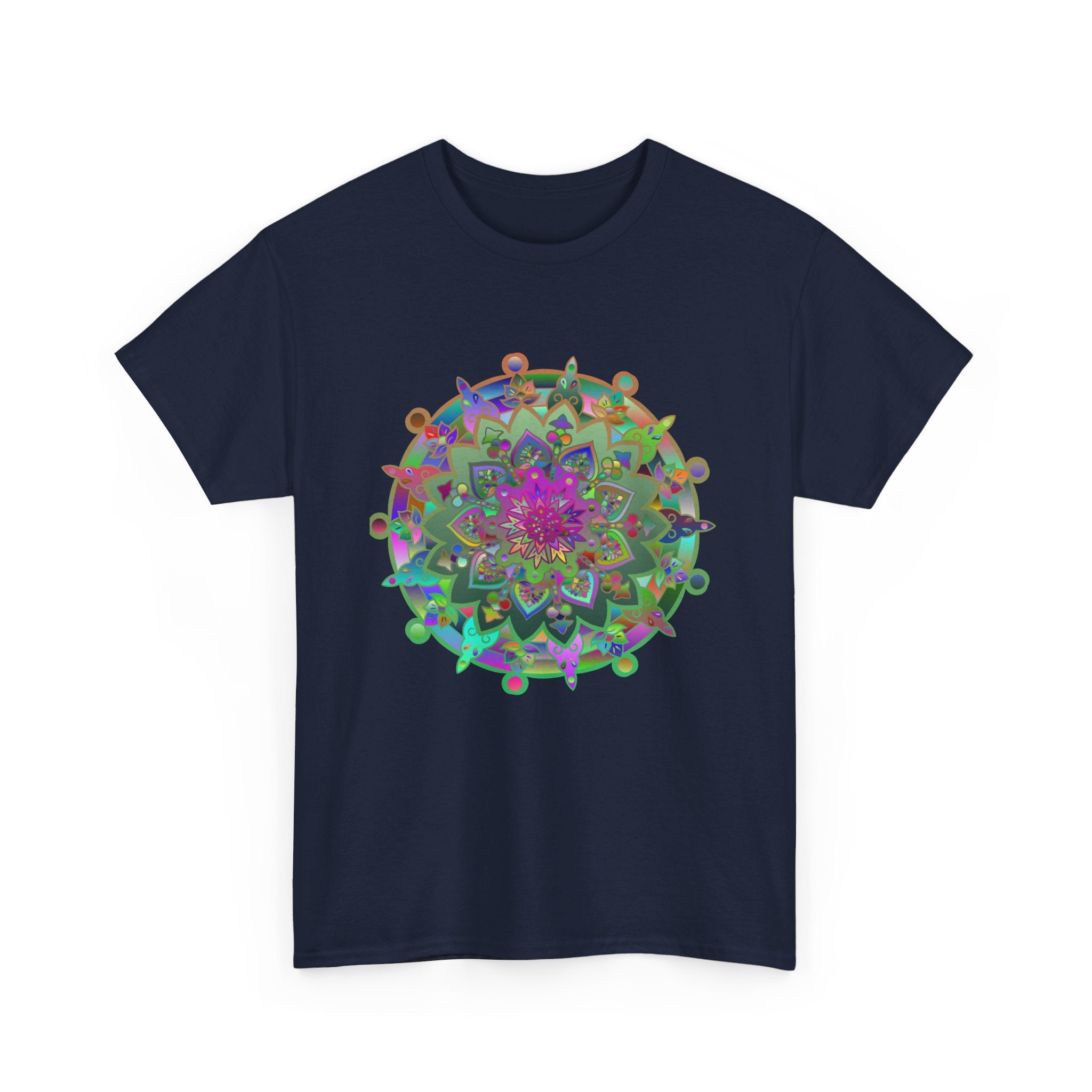 Colorful and intricate mandala pattern printed on white unisex tee