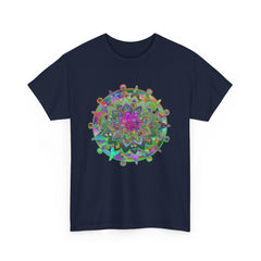 Colorful and intricate mandala pattern printed on white unisex tee