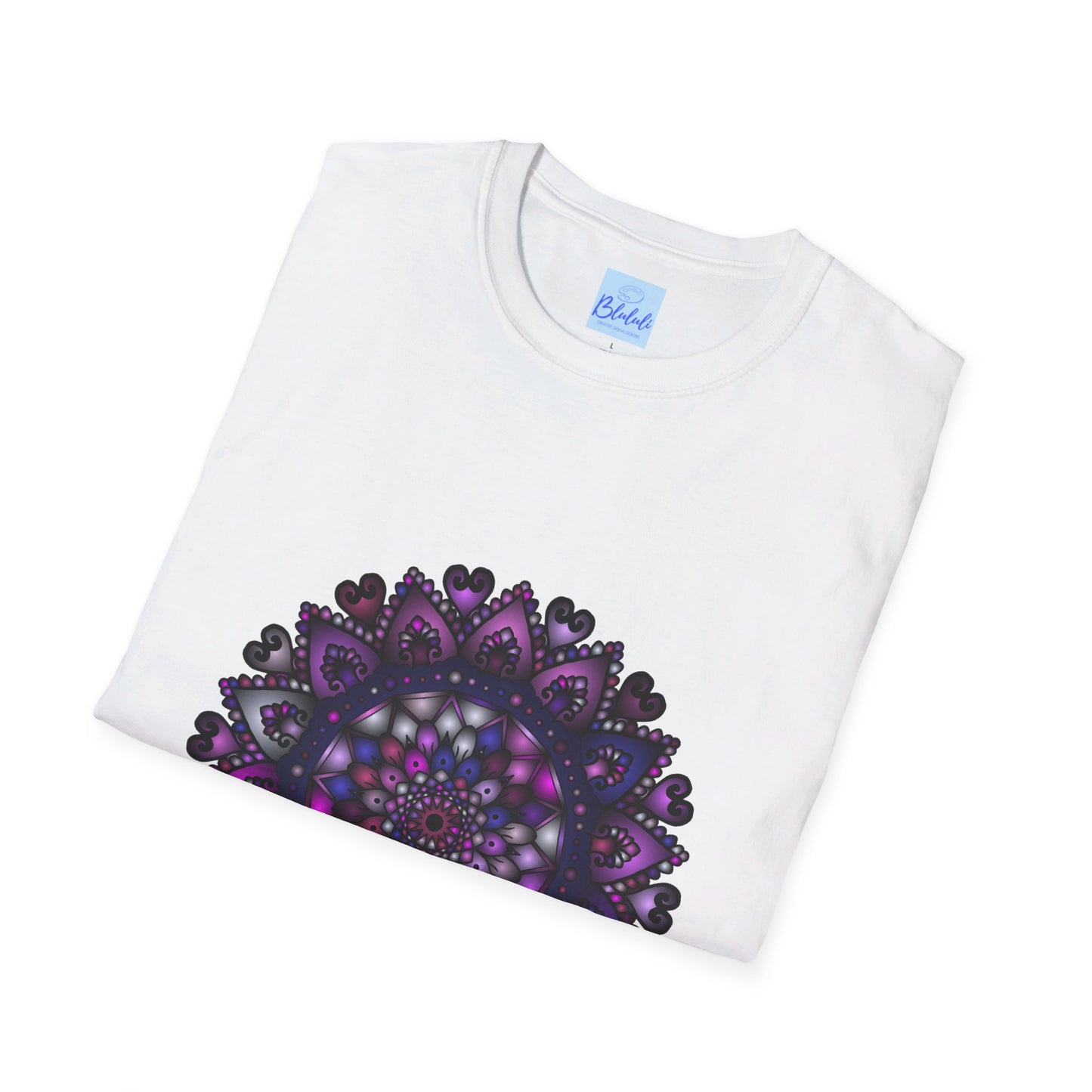 Softstyle unisex t-shirt with a hand-drawn purple mandala art design