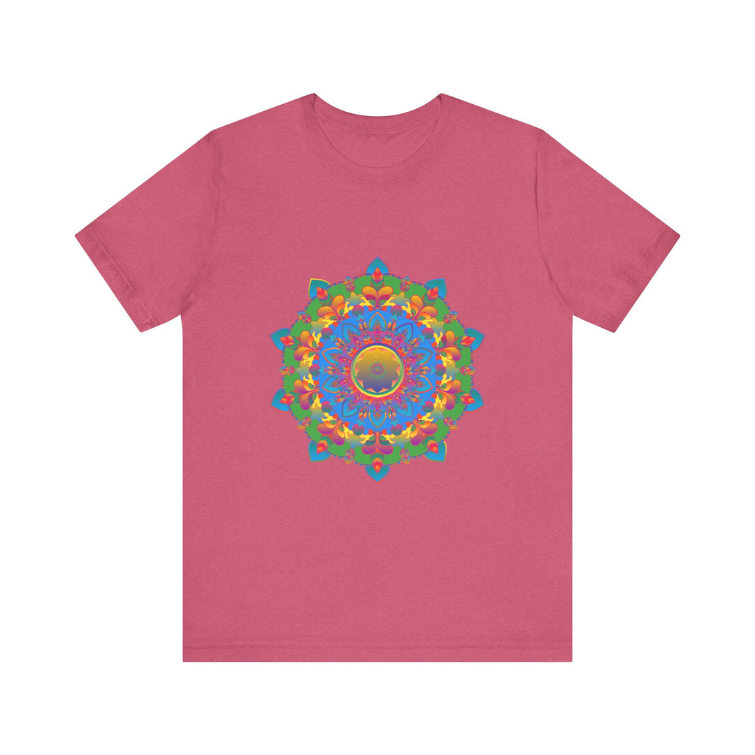 A close-up image of a colorful mandala t-shirt featuring an intricate and detailed design with vibrant and eye-catching patterns