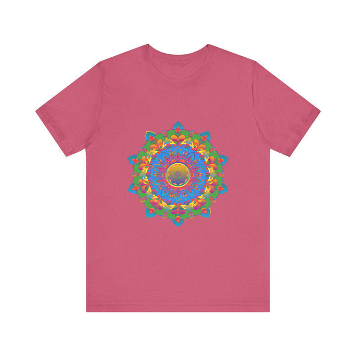 A close-up image of a colorful mandala t-shirt featuring an intricate and detailed design with vibrant and eye-catching patterns