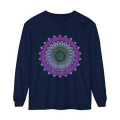 Intricate Mandala Unisex Long Sleeve T-Shirt featuring a beautiful floral mandala design in various shades of blue and green