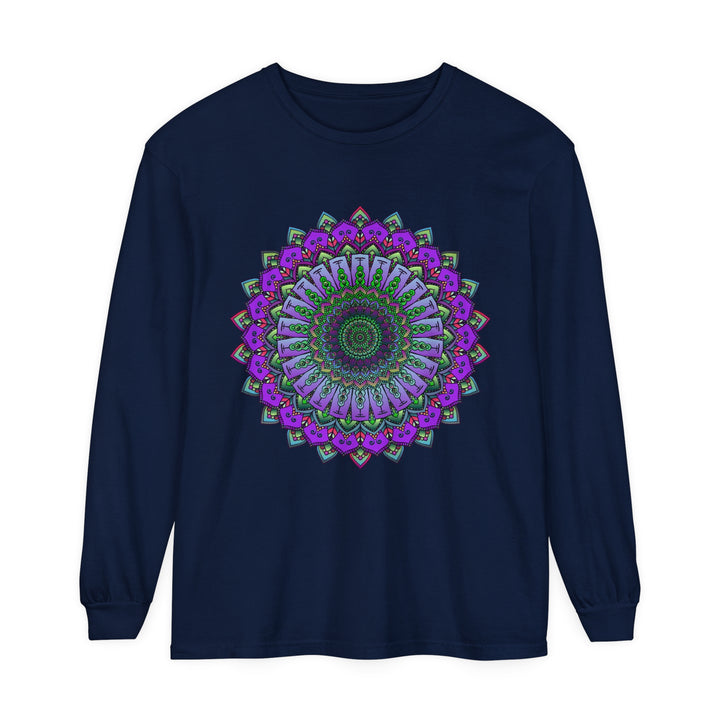 Intricate Mandala Unisex Long Sleeve T-Shirt featuring a beautiful floral mandala design in various shades of blue and green