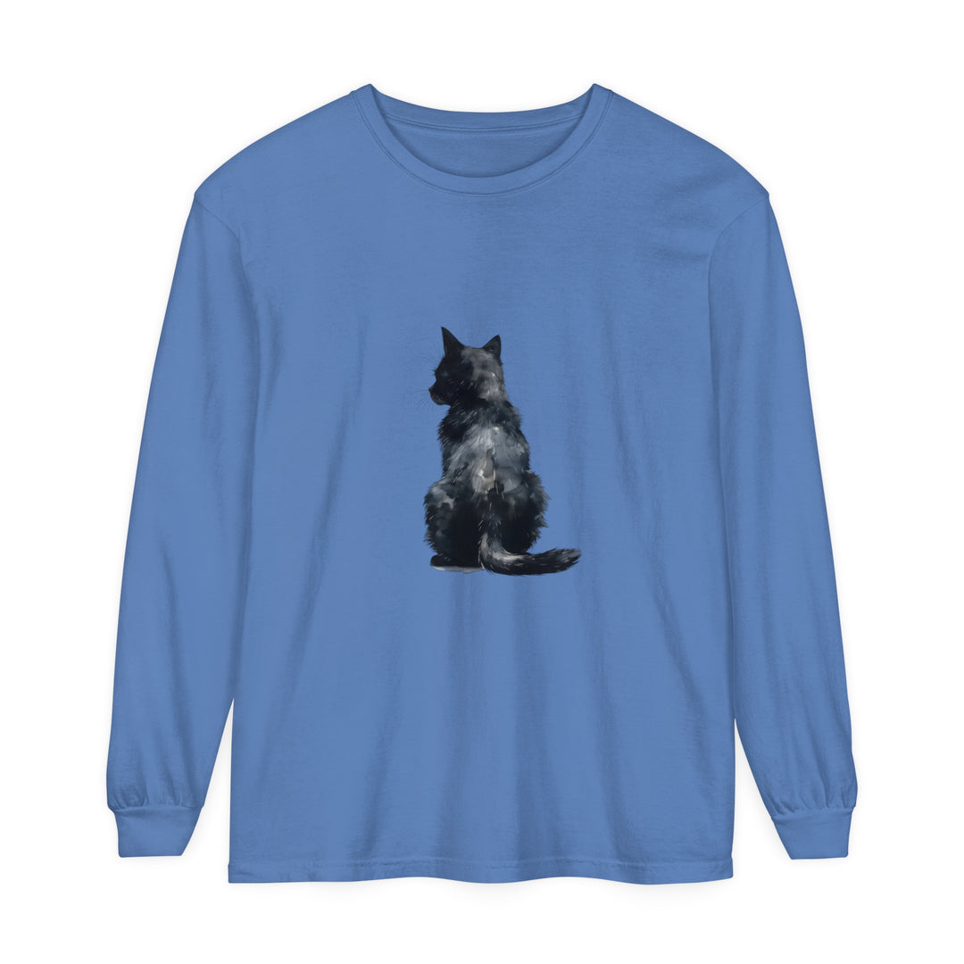 Black Cat Watercolor Long Sleeve T-Shirt with vibrant hand-painted feline design