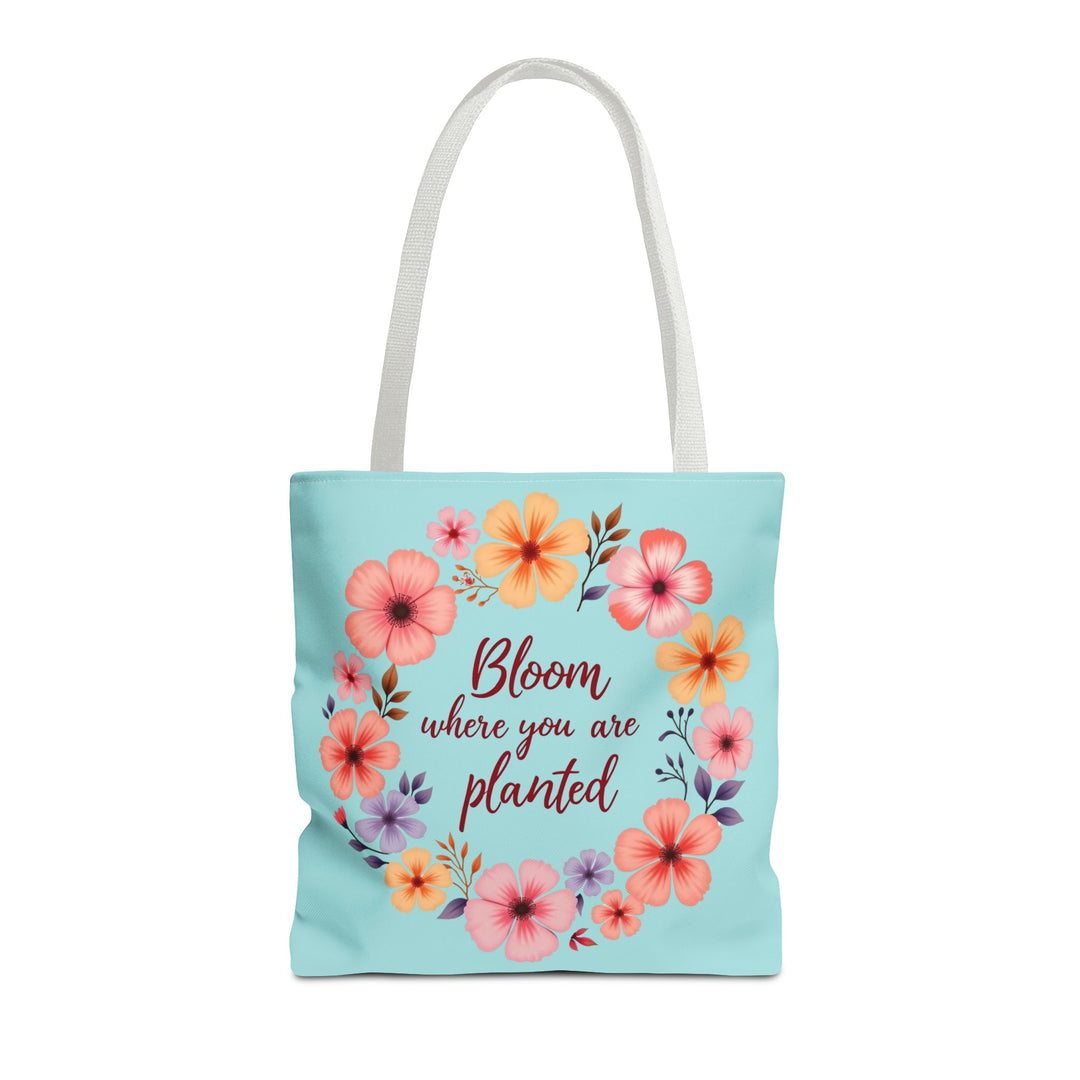 Floral Tote Bag featuring the inspiring quote 'Bloom Where You Are Planted' available in 3 different sizes for all your carrying needs