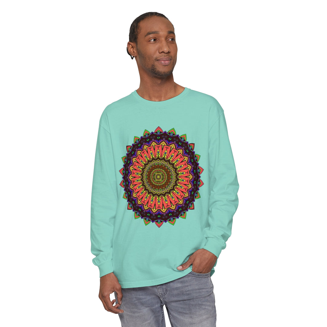 Colorful and intricate mandala design long sleeve t-shirt in vibrant hues