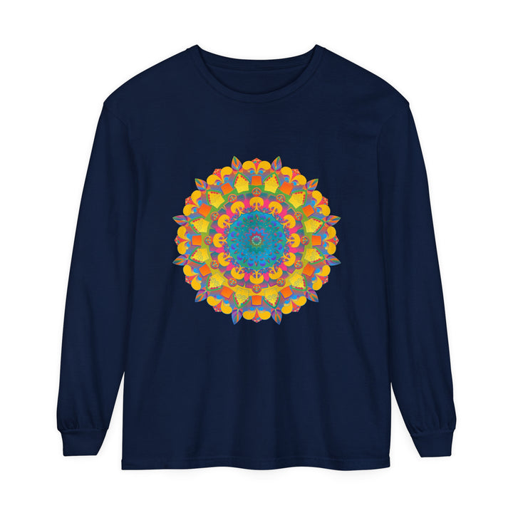 Colorful and intricate mandala design featured on unisex long sleeve t-shirt