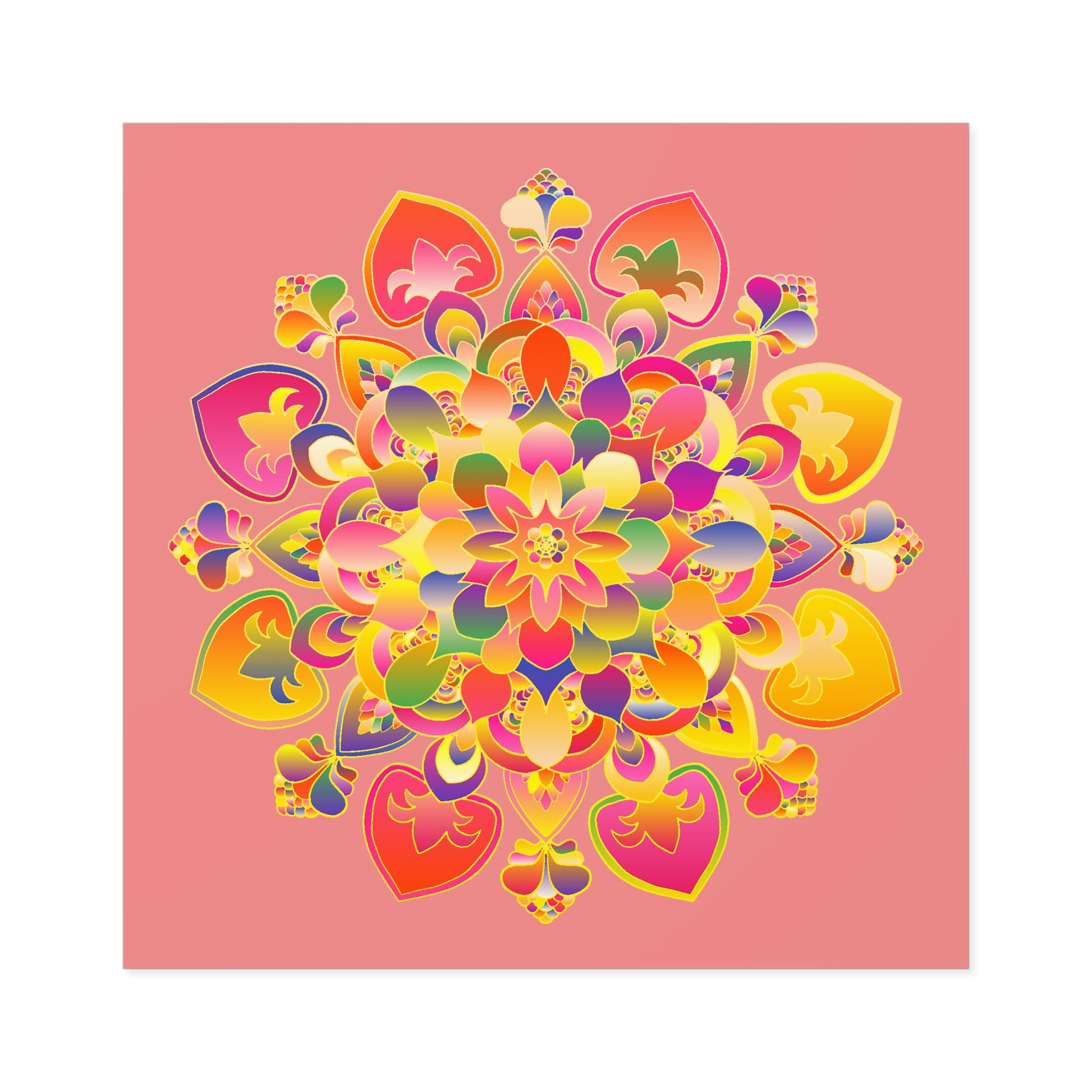 Handgezeichnete Mandala-Laminieraufkleber – Gold, Rot und Grün auf zartkorallenfarbenem Grund