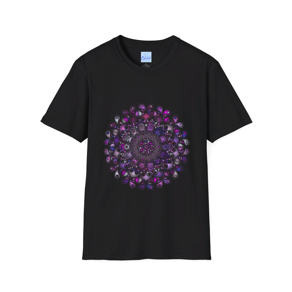 Colorful, intricate handmade mandala art design featured on softstyle t-shirt