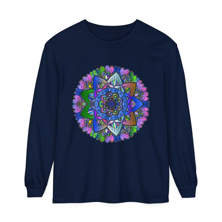 Colorful and intricate mandala design on a unisex long sleeve t-shirt