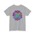 Beautiful blue mandala design on a white unisex cotton t-shirt perfect for yoga and mindfulness practices