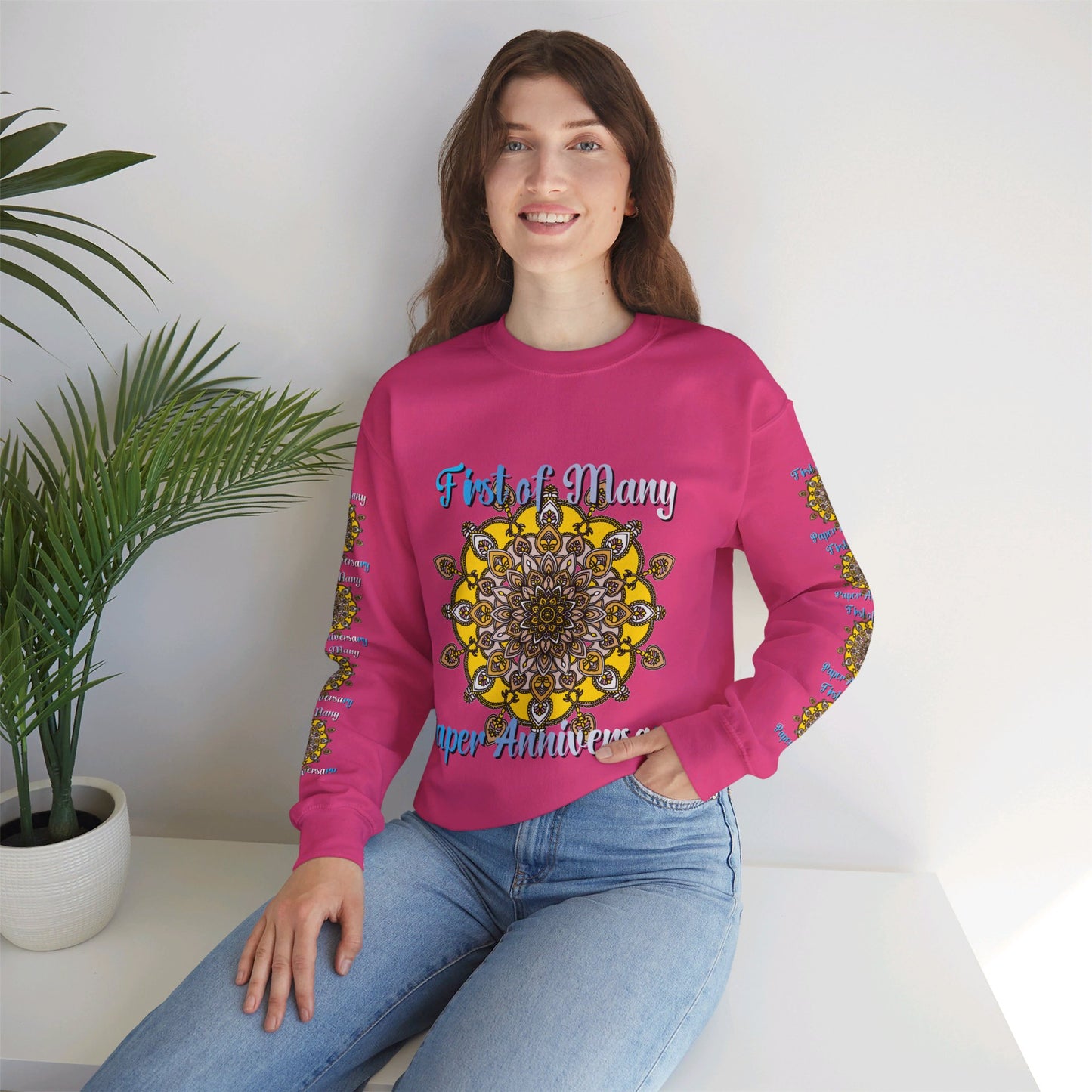 First Year Wedding Anniversary Gift - First of Many, Paper Anniversary Unisex Heavy Blend™ Crewneck Sweatshirt - a cozy and meaningful gift for celebrating the first year of marriage