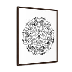 A stunning black and white handmade mandala art piece on gallery canvas wraps, beautifully displayed in a vertical frame