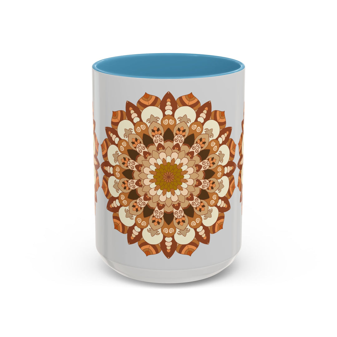 A beautifully designed Mandala Art Mug against a light grey background