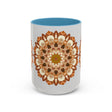 A beautifully designed Mandala Art Mug against a light grey background