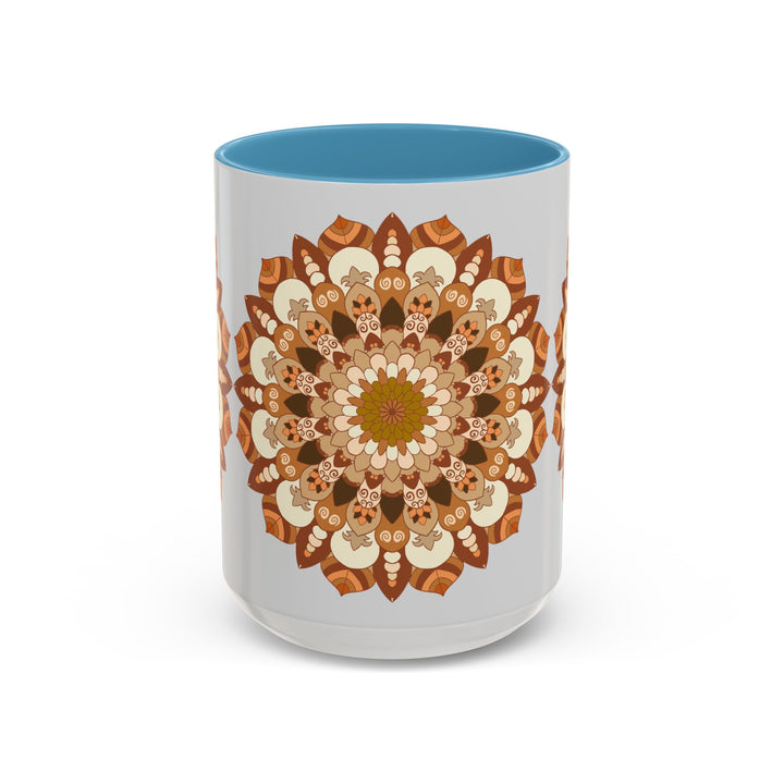 A beautifully designed Mandala Art Mug against a light grey background