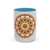 A beautifully designed Mandala Art Mug against a light grey background