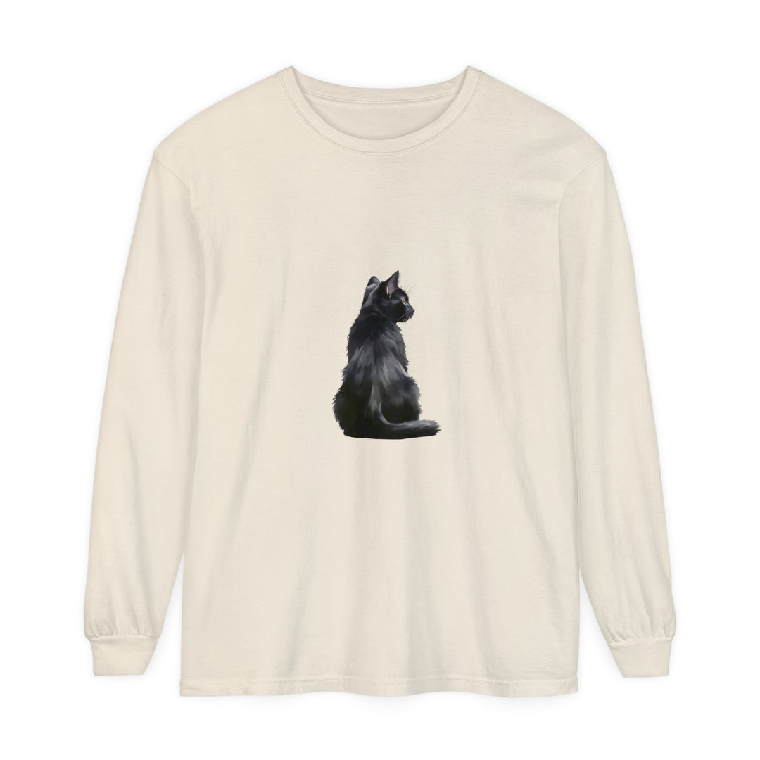 Black Cat Mystique Long Sleeve T-Shirt, a stylish and comfortable top featuring a mysterious black cat design on the front