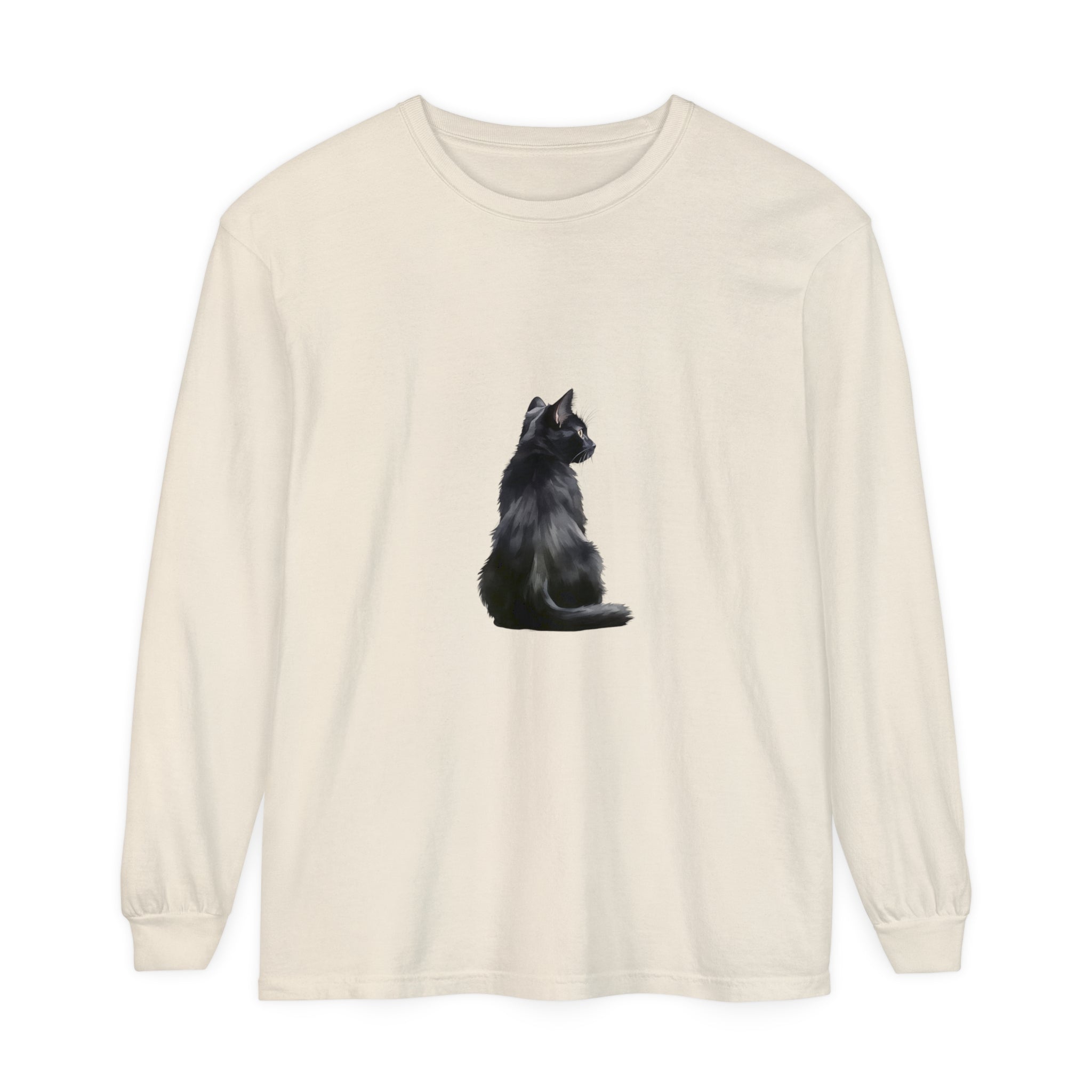 Black Cat Mystique Long Sleeve T-Shirt, a stylish and comfortable top featuring a mysterious black cat design on the front