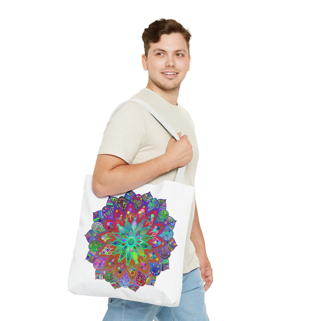 Vibrant and intricate mandala pattern tote bag with colorful AOP design