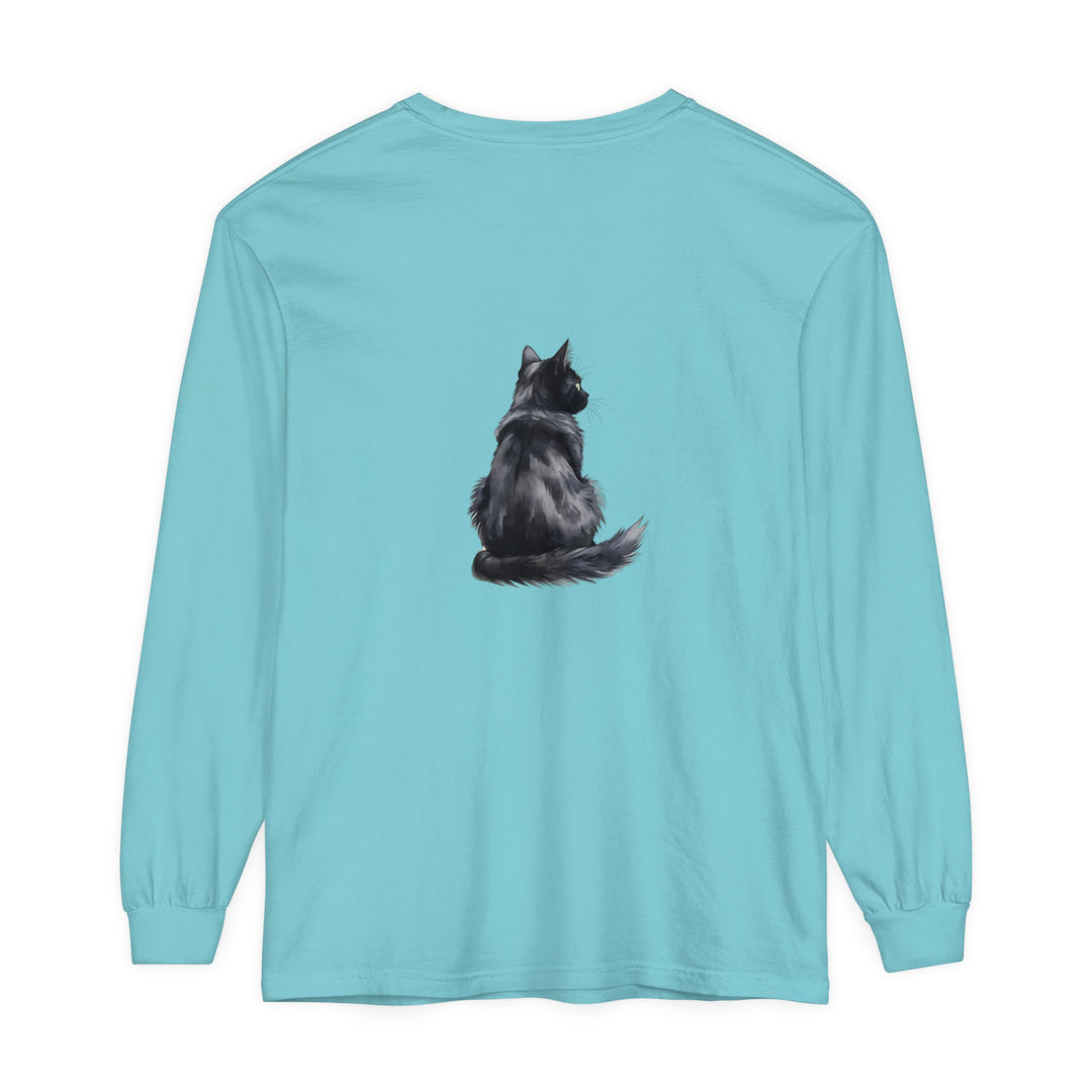 Black Cat Watercolor Long Sleeve T-Shirt with Vibrant Feline Design