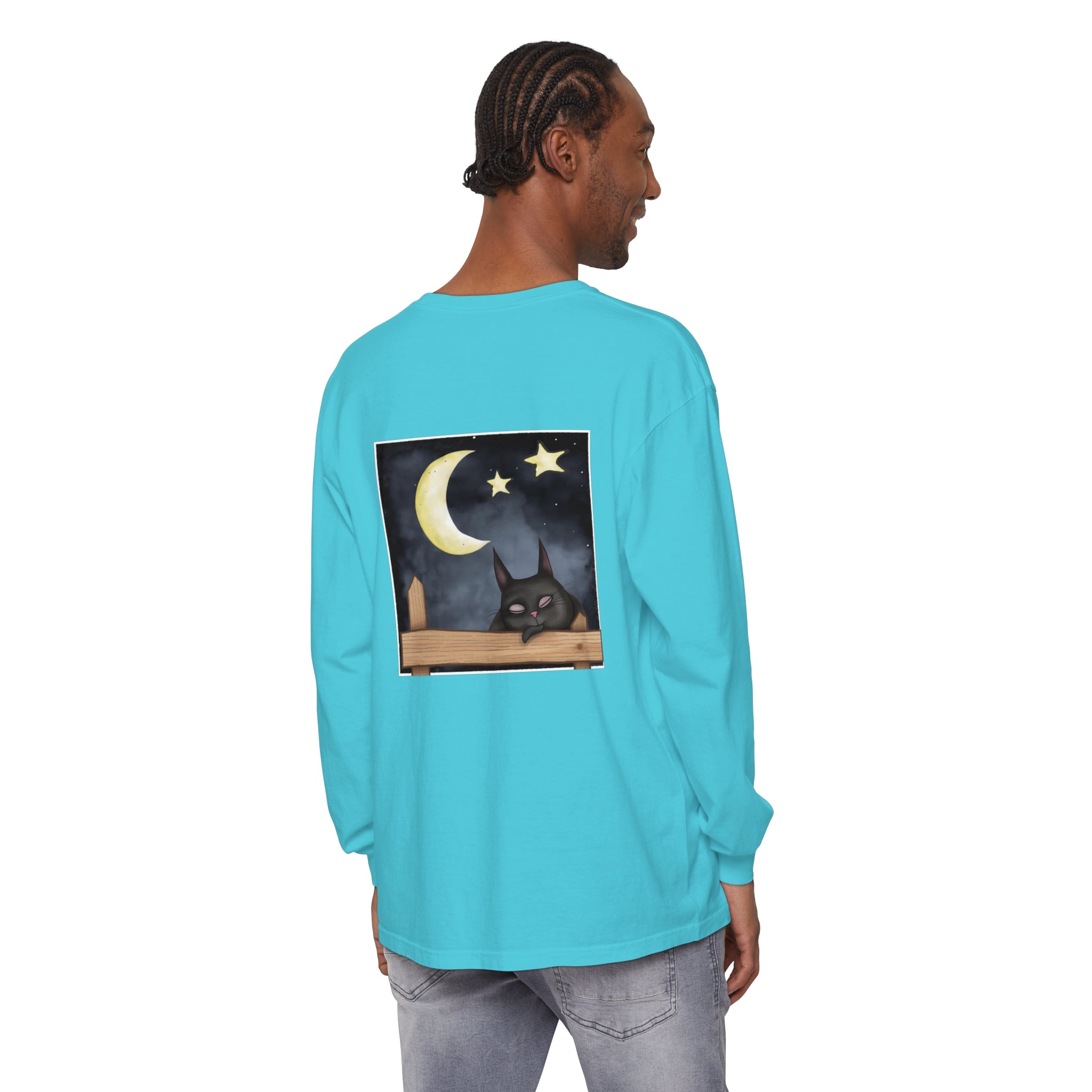 Sleepy Cat Night Sky T-Shirt with a cute cat sleeping under the stars and moon design