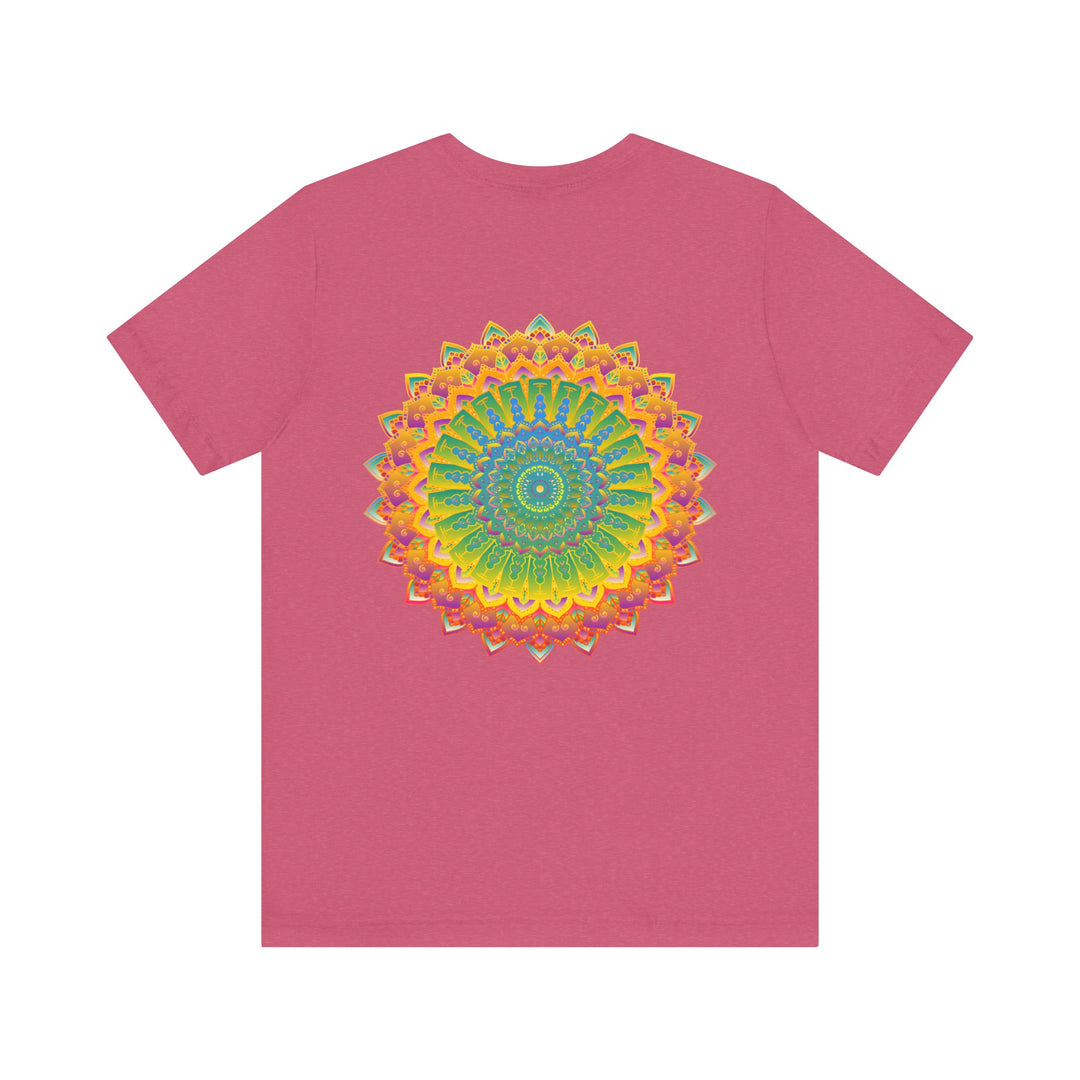 A close-up image of a vibrant mandala tee with intricate spiritual patterns, symbolizing peace and harmony