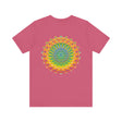 A close-up image of a vibrant mandala tee with intricate spiritual patterns, symbolizing peace and harmony