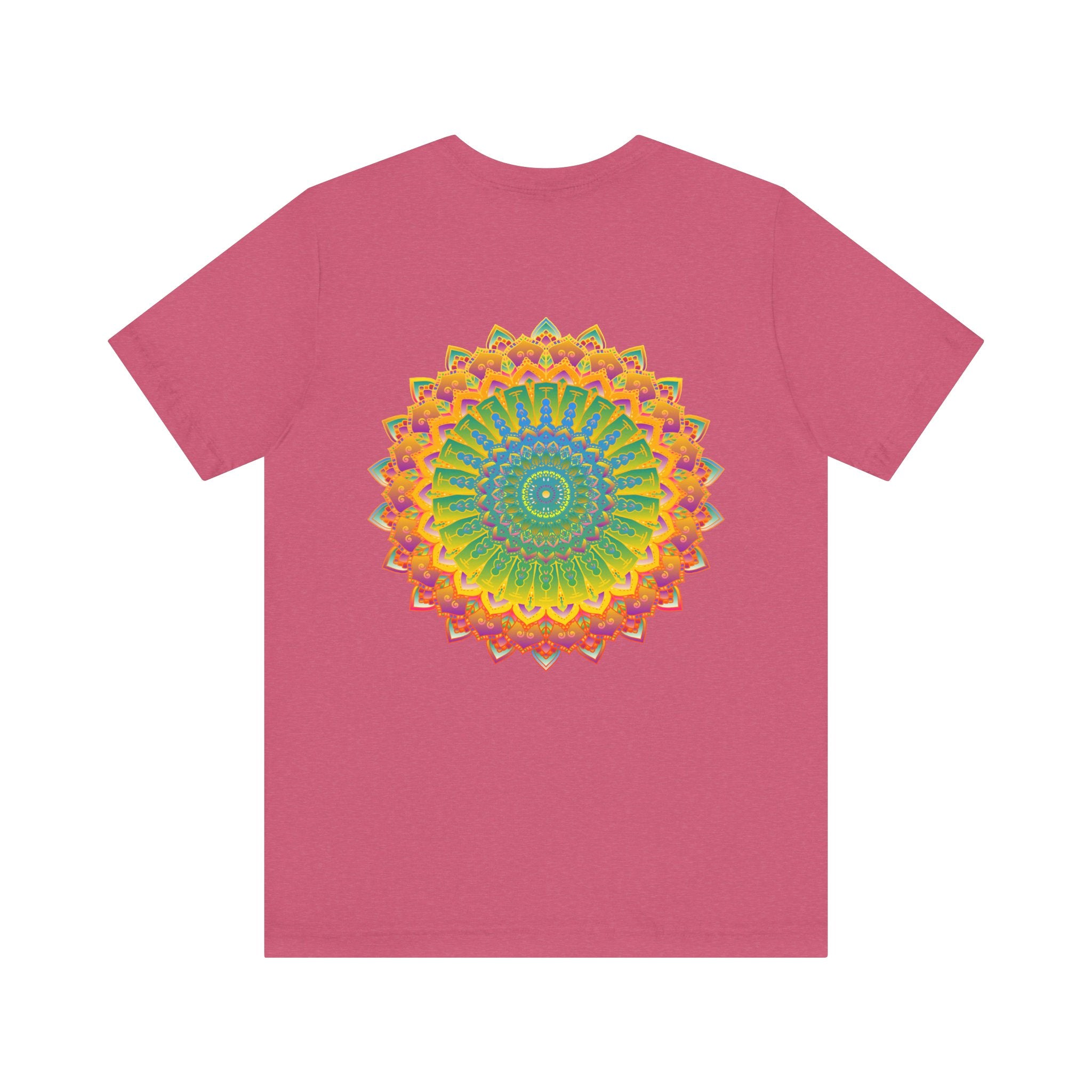 A close-up image of a vibrant mandala tee with intricate spiritual patterns, symbolizing peace and harmony