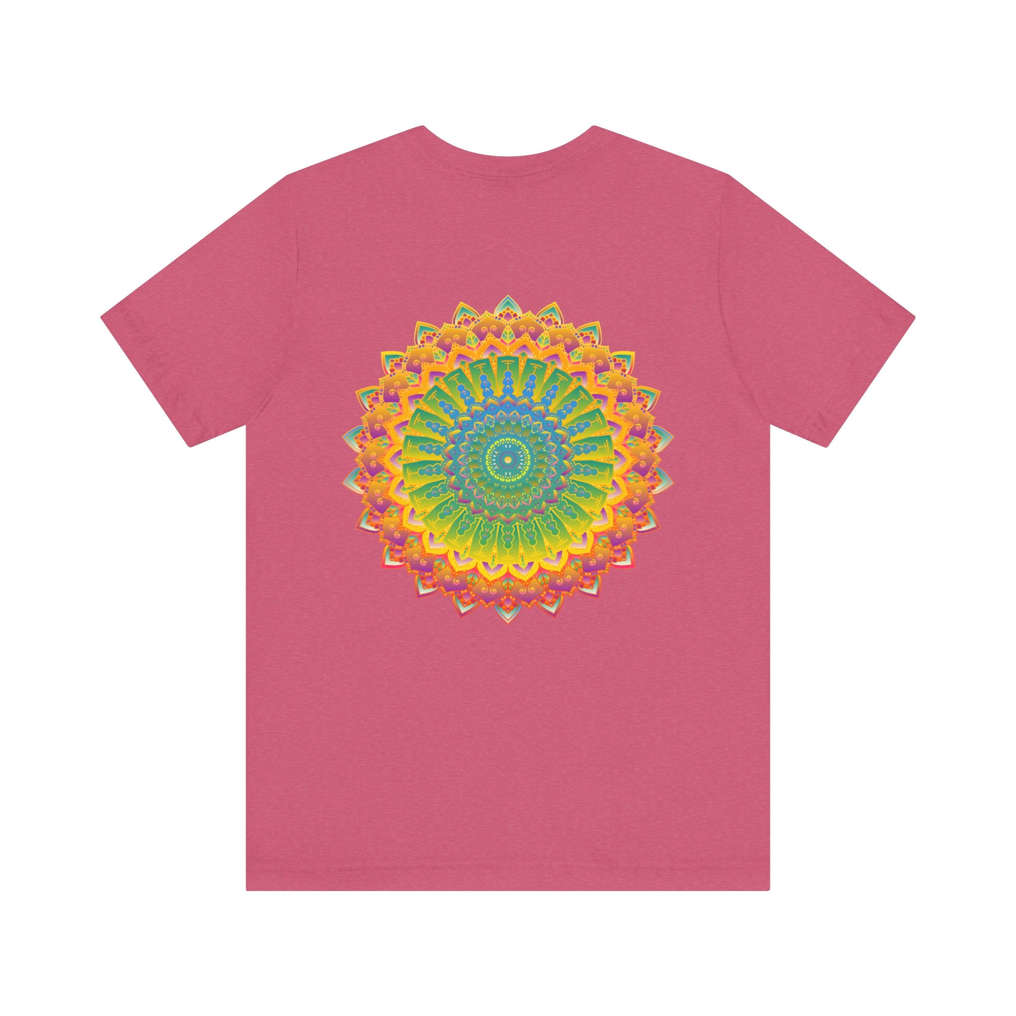 A close-up image of a vibrant mandala tee with intricate spiritual patterns, symbolizing peace and harmony