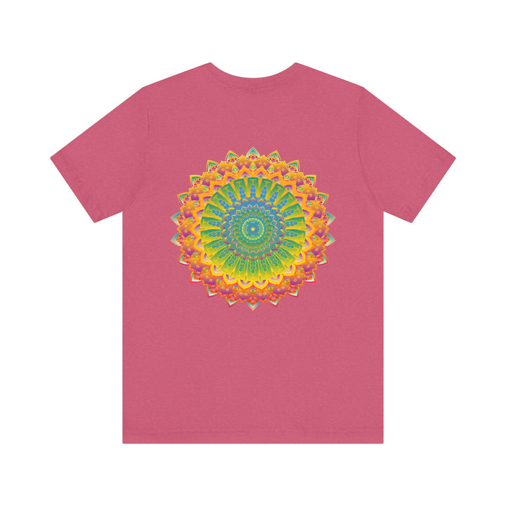 A close-up image of a vibrant mandala tee with intricate spiritual patterns, symbolizing peace and harmony