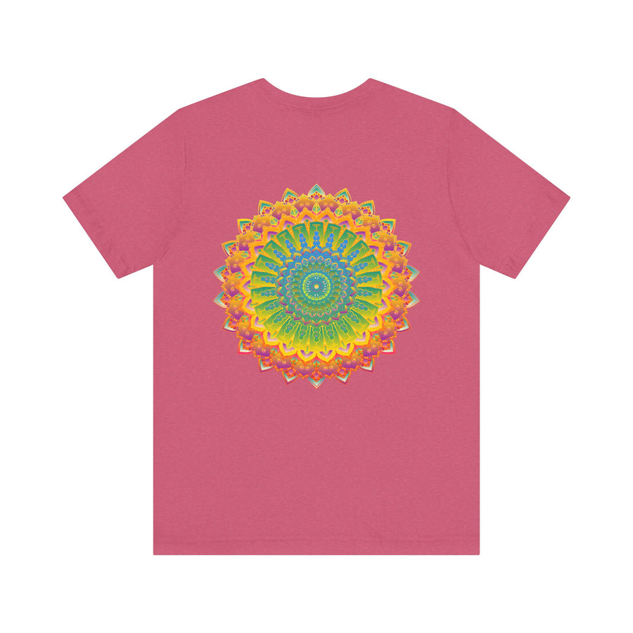 A close-up image of a vibrant mandala tee with intricate spiritual patterns, symbolizing peace and harmony