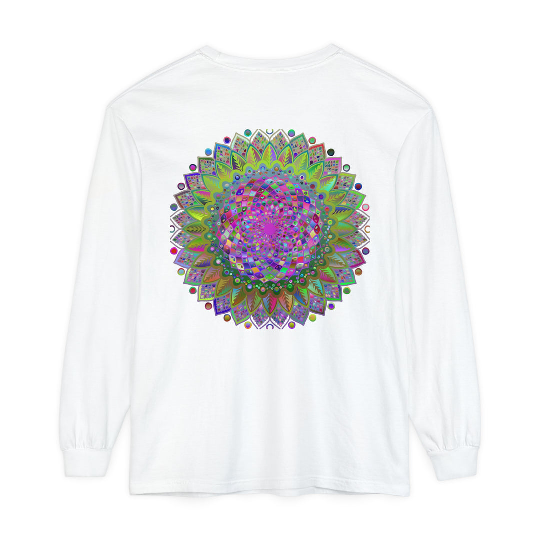 Colorful and intricate mandala design on a unisex long sleeve t-shirt