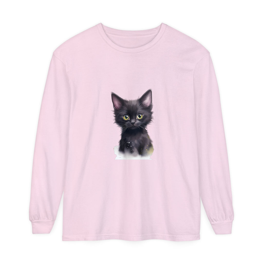 A black kitten with vibrant green eyes is featured on this cute t-shirt