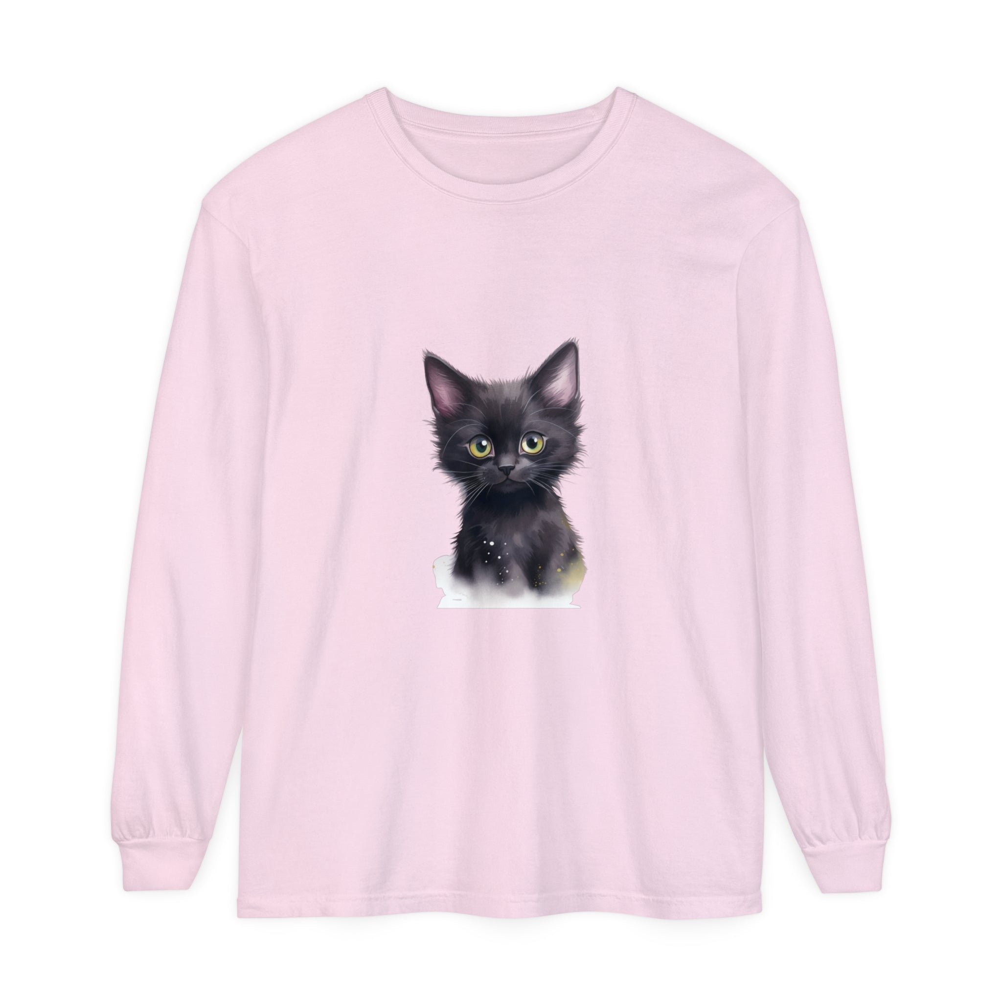 A black kitten with vibrant green eyes is featured on this cute t-shirt