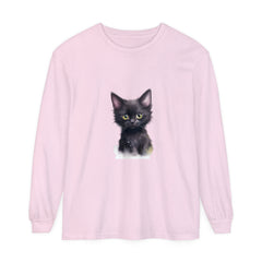 A black kitten with vibrant green eyes is featured on this cute t-shirt