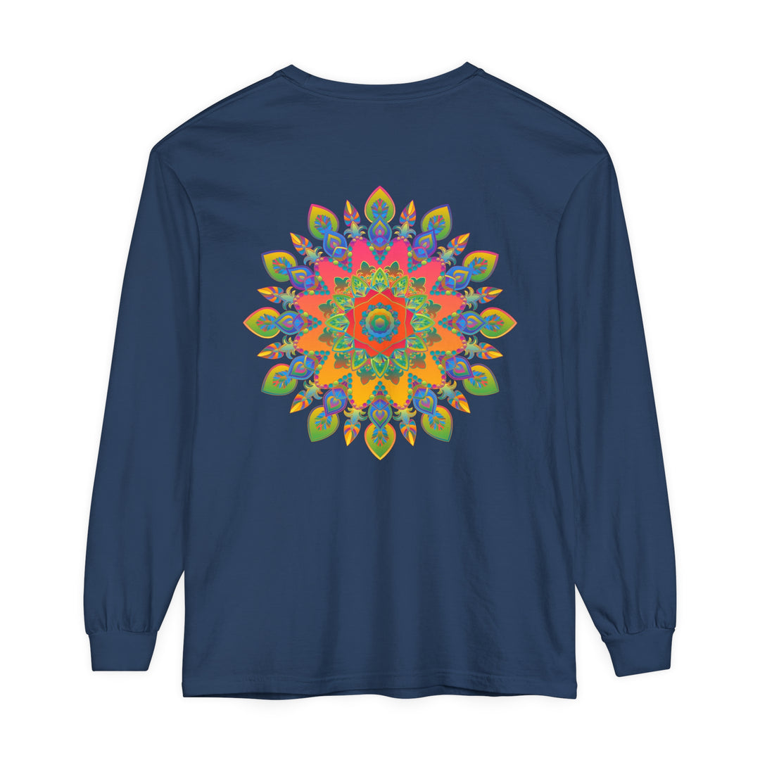 Colorful and intricate mandala design on a unisex long sleeve t-shirt