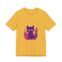 Vibrant purple t-shirt with a whimsical cat design, perfect for cat lovers and those who appreciate unique, artistic fashion