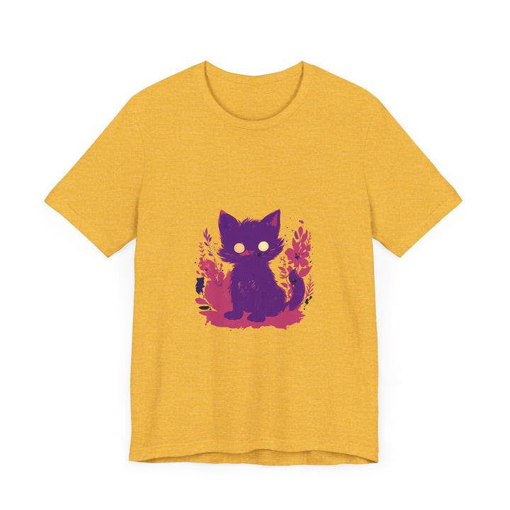 Vibrant purple t-shirt with a whimsical cat design, perfect for cat lovers and those who appreciate unique, artistic fashion