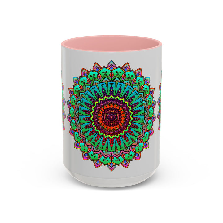 Beautiful light grey mug featuring a colorful mandala art design