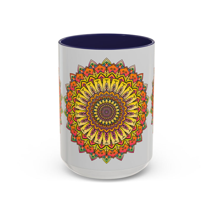 Colorful mandala design on grey coffee mug with intricate patterns