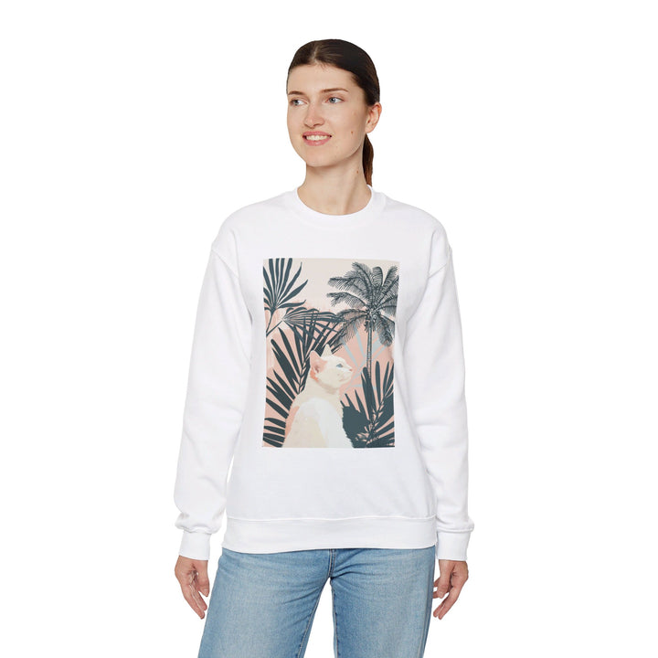 Cozy and stylish unisex heavy blend crewneck sweatshirt featuring a cat lounging under palm trees design