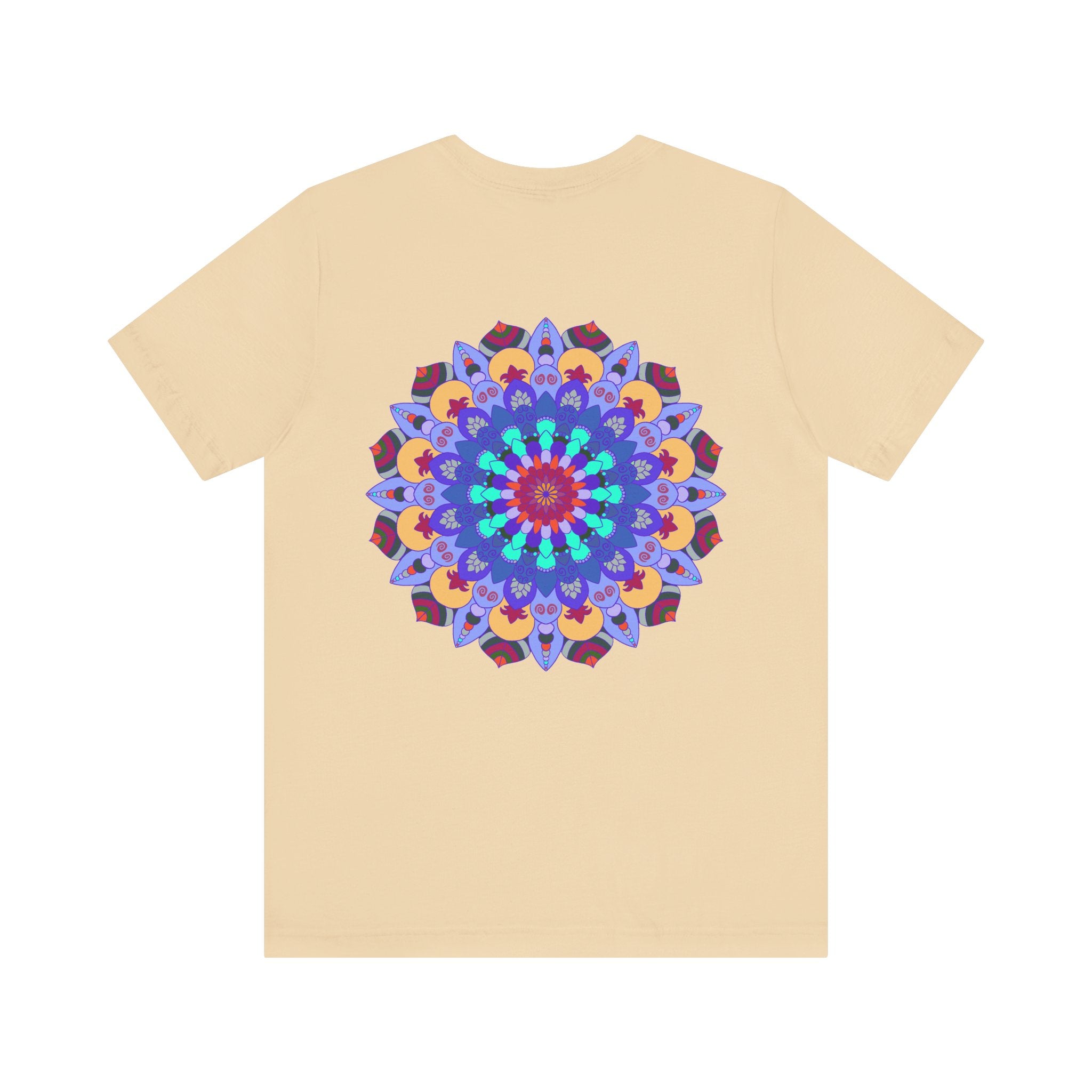 A close-up image of a white t-shirt featuring a vibrant mandala design with peaceful and harmonious elements, perfect for those seeking spiritual art