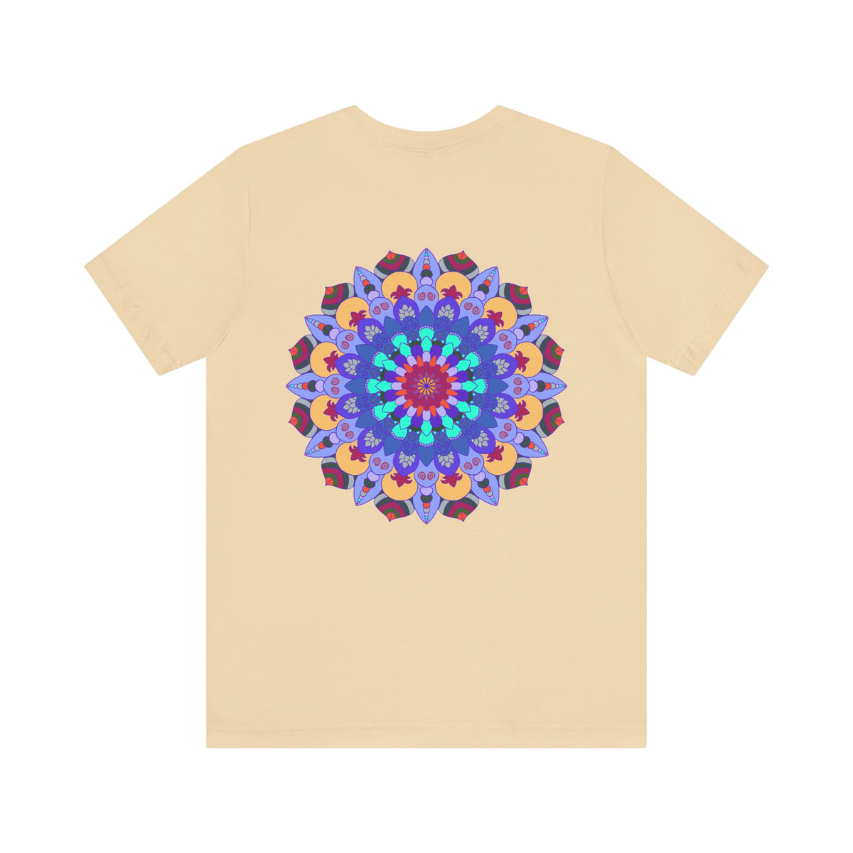 A close-up image of a white t-shirt featuring a vibrant mandala design with peaceful and harmonious elements, perfect for those seeking spiritual art
