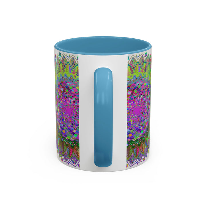 Colorful psychedelic mandala design mug with vibrant art on grey background