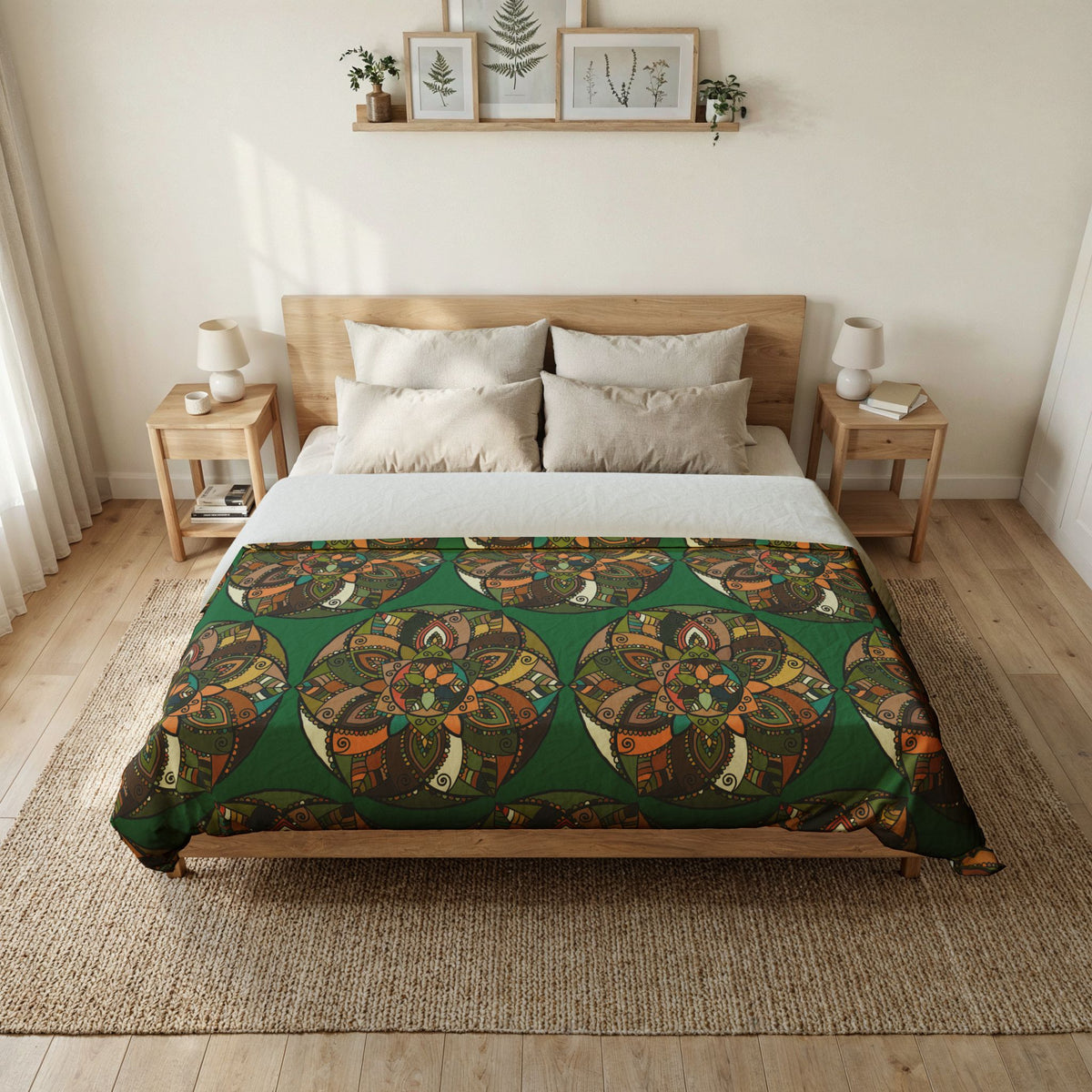 Bohemian Mandala Cotton Duvet Cover — Green Floral Geometric Bedding